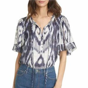 REBECCA TAYLOR IKAT PRINT SILK HALF BUTTON SHORT SLEEVE TOP